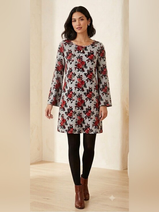 Sears Dresses & Skirts - NWT Deadstock Sears Canada Floral Bell Sleeve A-Line Tunic Dress Grey Red  XL